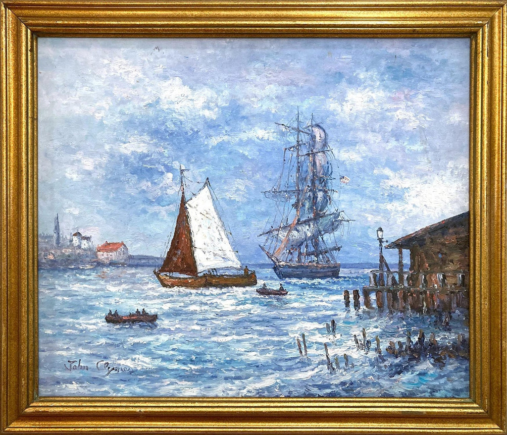 Oil Painting Harbor Scene with Naval Ships Sailors & Boats Hildegarde Hamilton