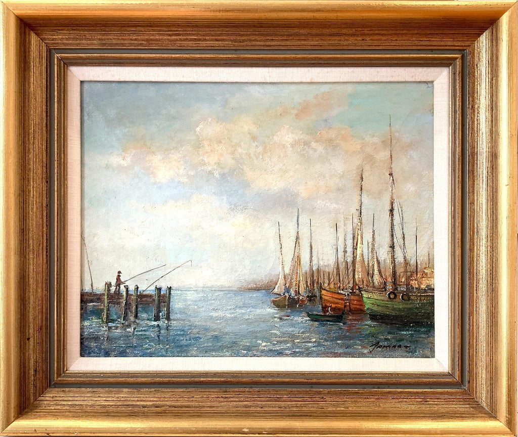 Oil Painting Harbor Scene with Naval Ships Sailors & Boats Hildegarde Hamilton