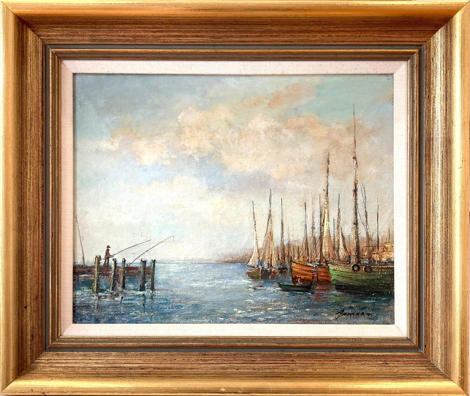 Oil Painting Harbor Scene with Naval Ships Sailors & Boats Hildegarde Hamilton