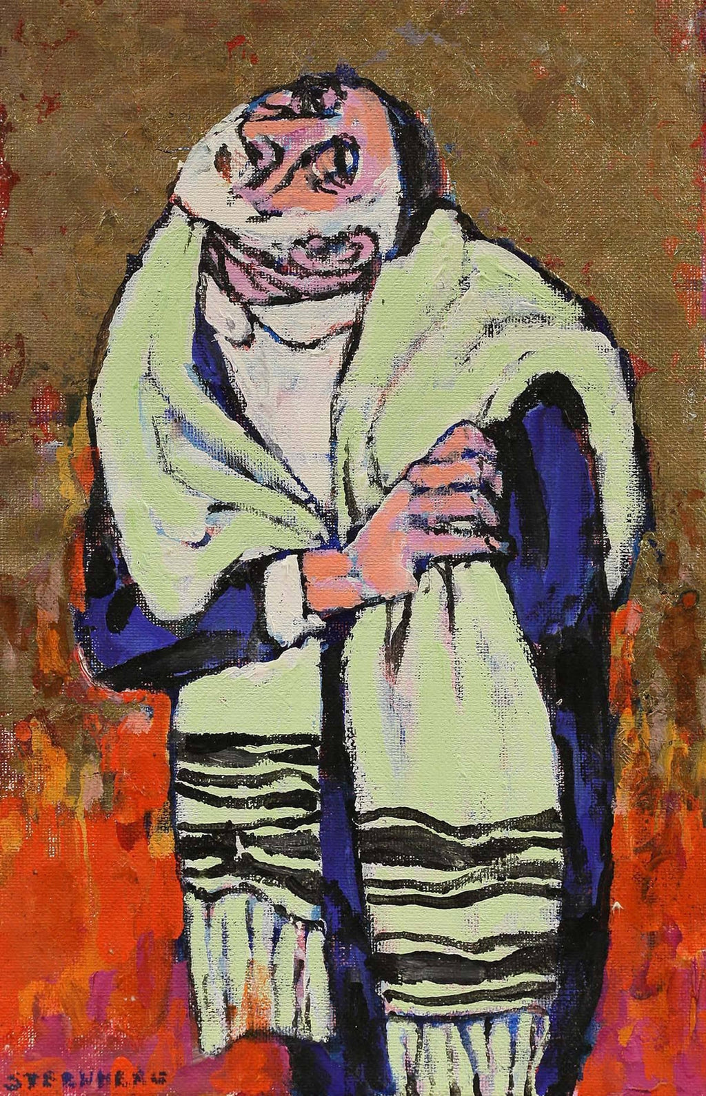 The Prophet, Modernist Judaica Oil Painting Biblical Jewish Rabbi at Prayer