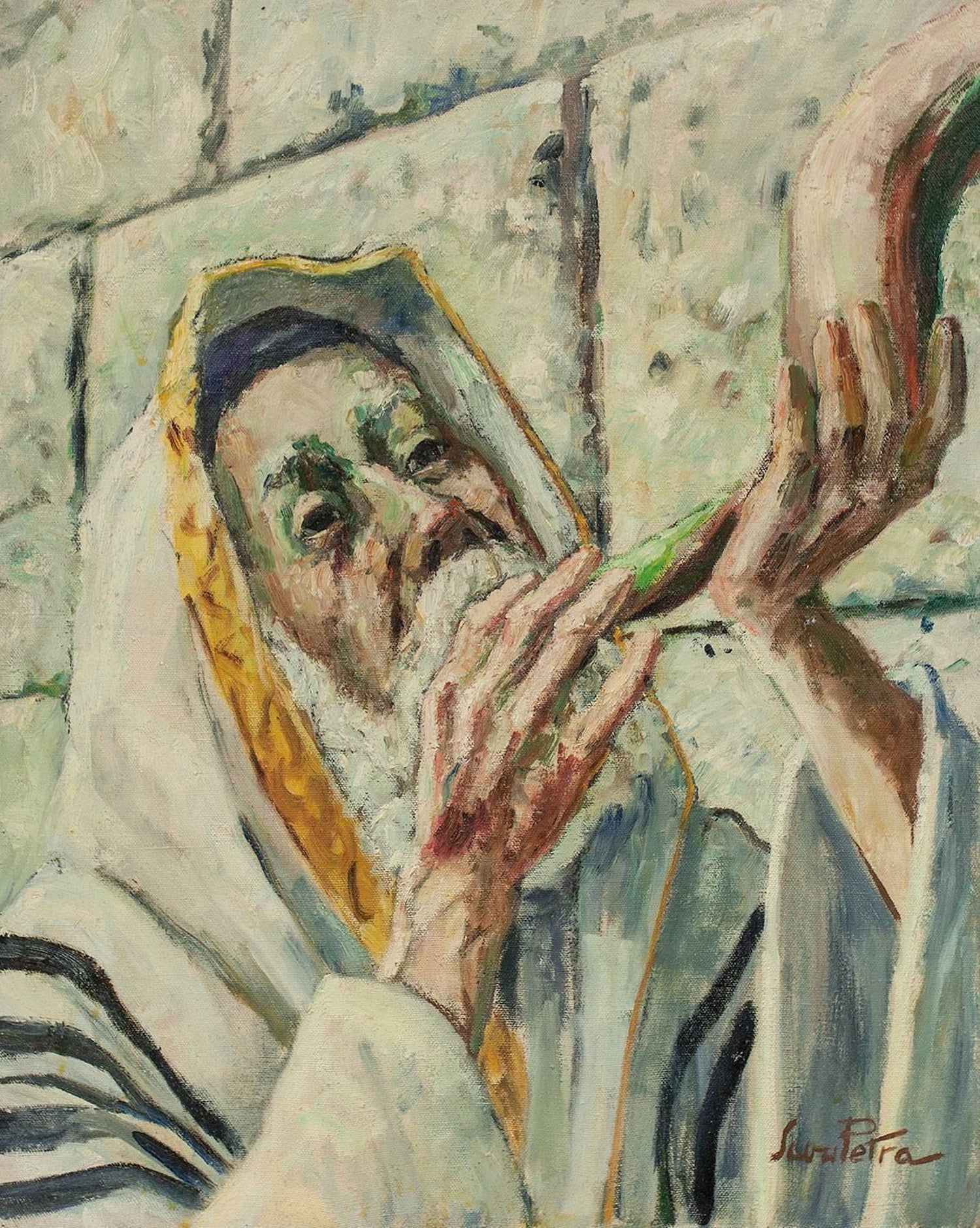 Romanian Israeli Judaica Oil Painting Blowing Shofar Western Wall Jerusalem