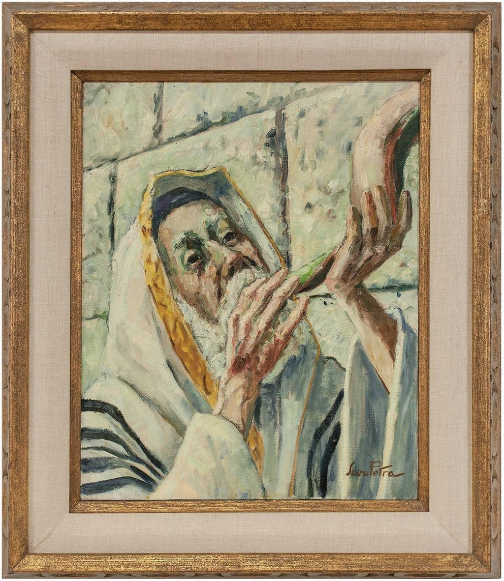 Romanian Israeli Judaica Oil Painting Blowing Shofar Western Wall Jerusalem