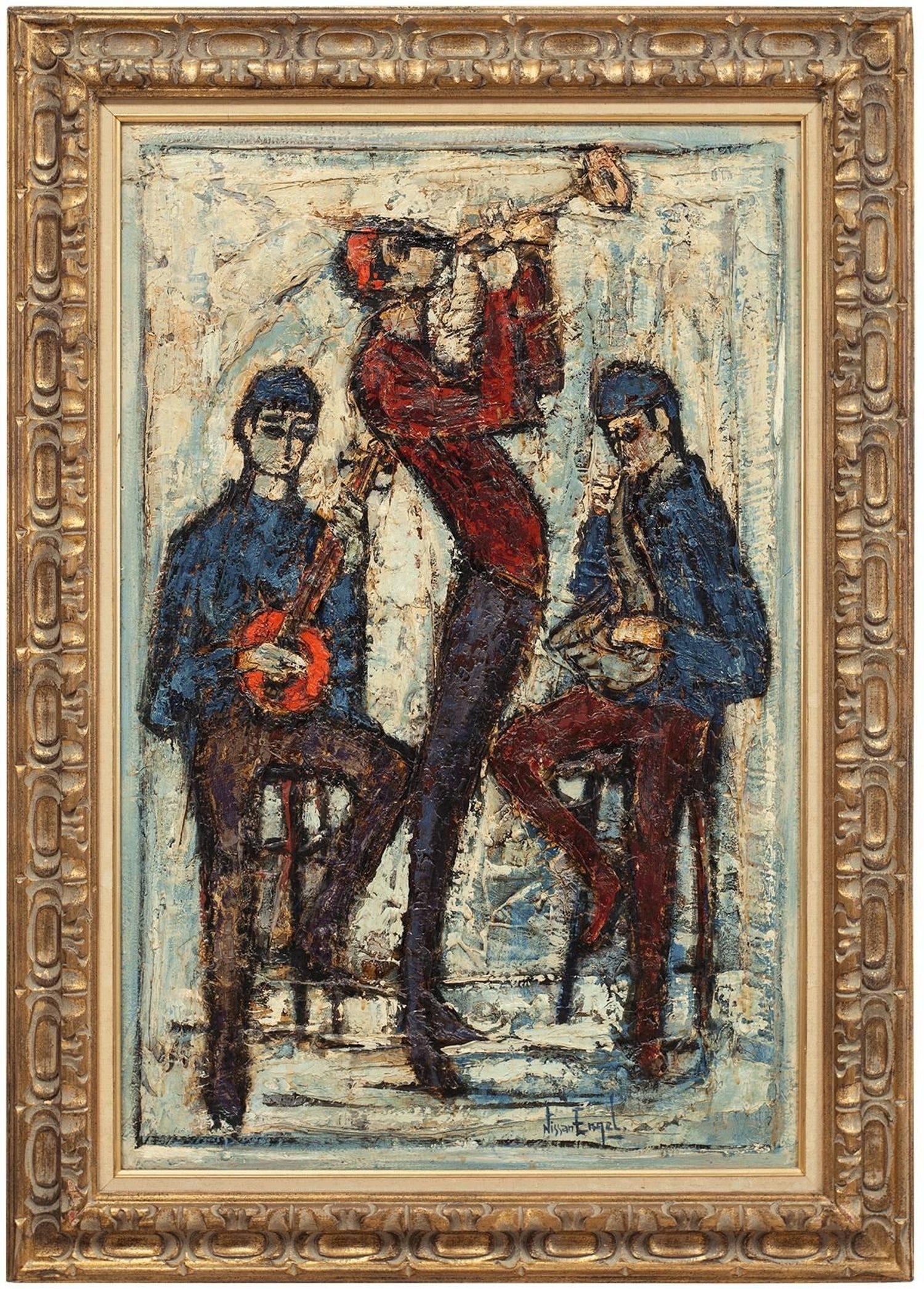 THREE MUSICIANS Large Oil Painting French Israeli Modernist Artist Nissan Engel