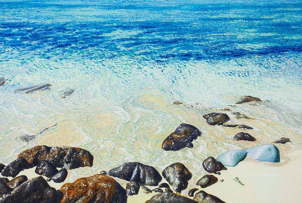 ST BARTH Hyper Realist Beach Scene Rocks and Waves Fabio Aguzzi Oil Painting