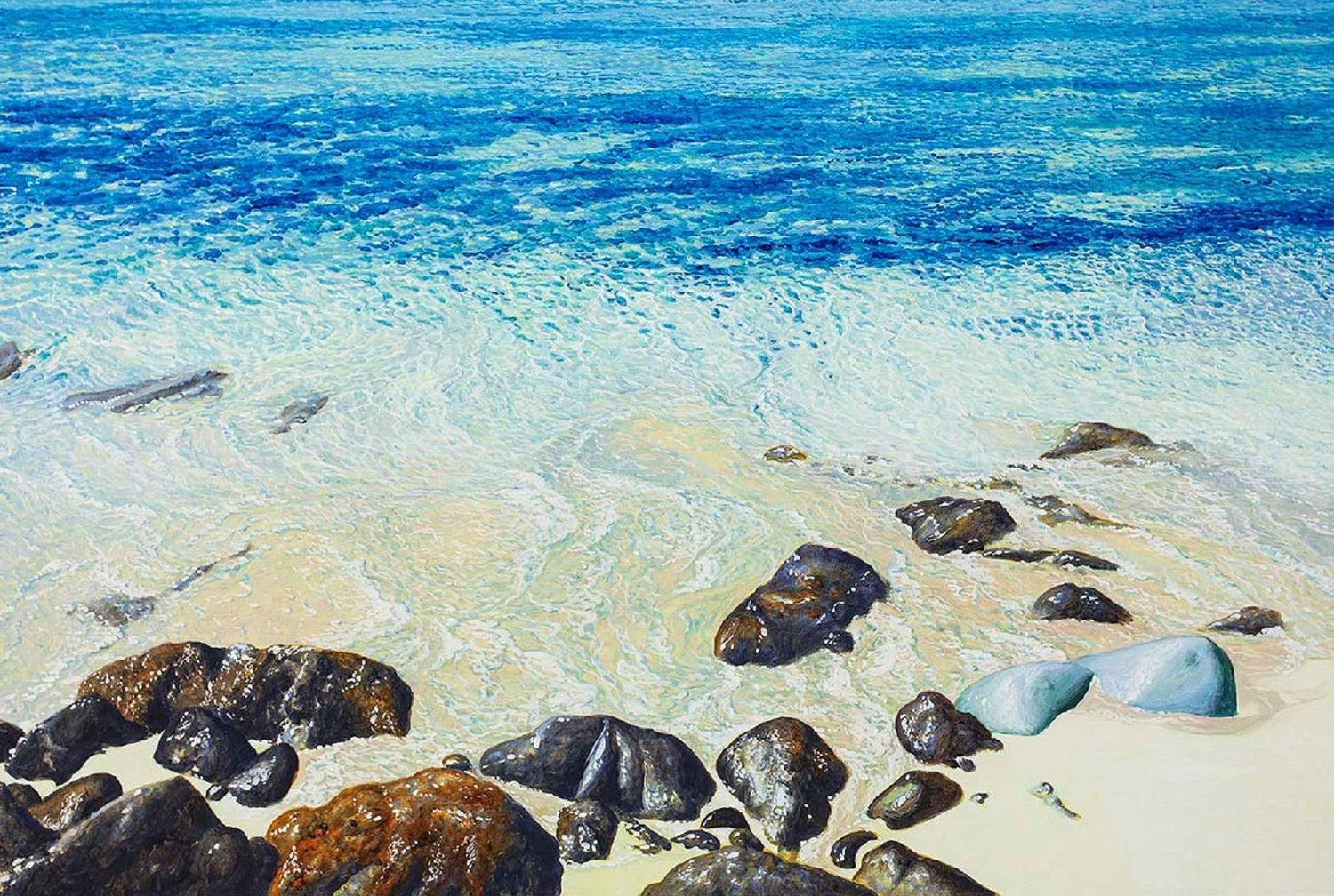 ST BARTH Hyper Realist Beach Scene Rocks and Waves Fabio Aguzzi Oil Painting