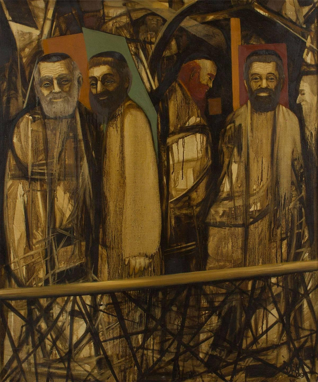 Synagogue Sanctuary Large Modernist Judaica Scene Oil Painting David Rosen