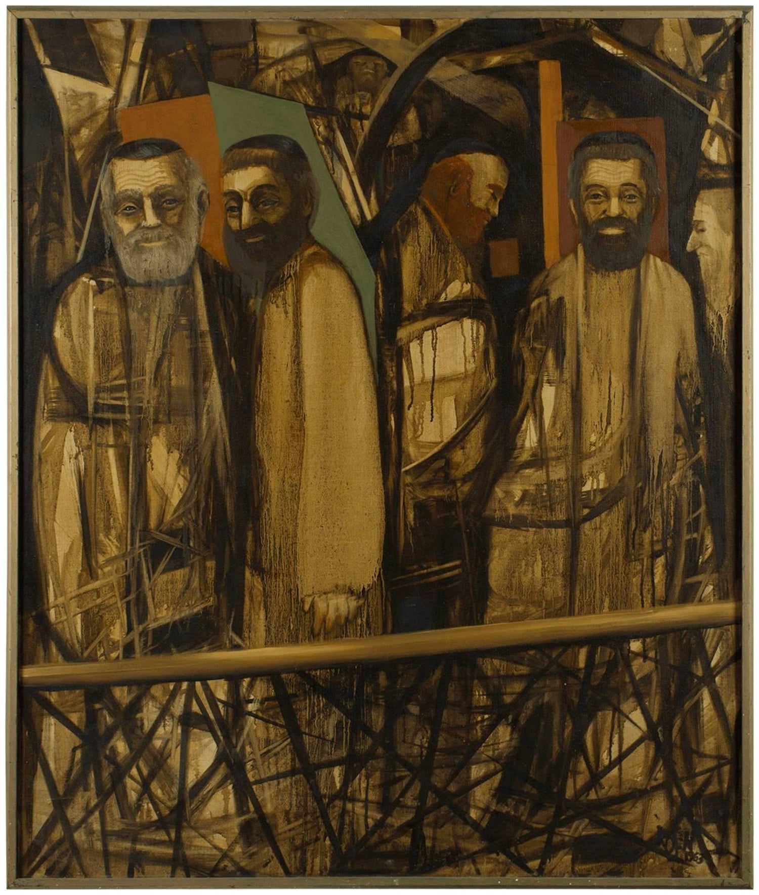 Synagogue Sanctuary Large Modernist Judaica Scene Oil Painting David Rosen