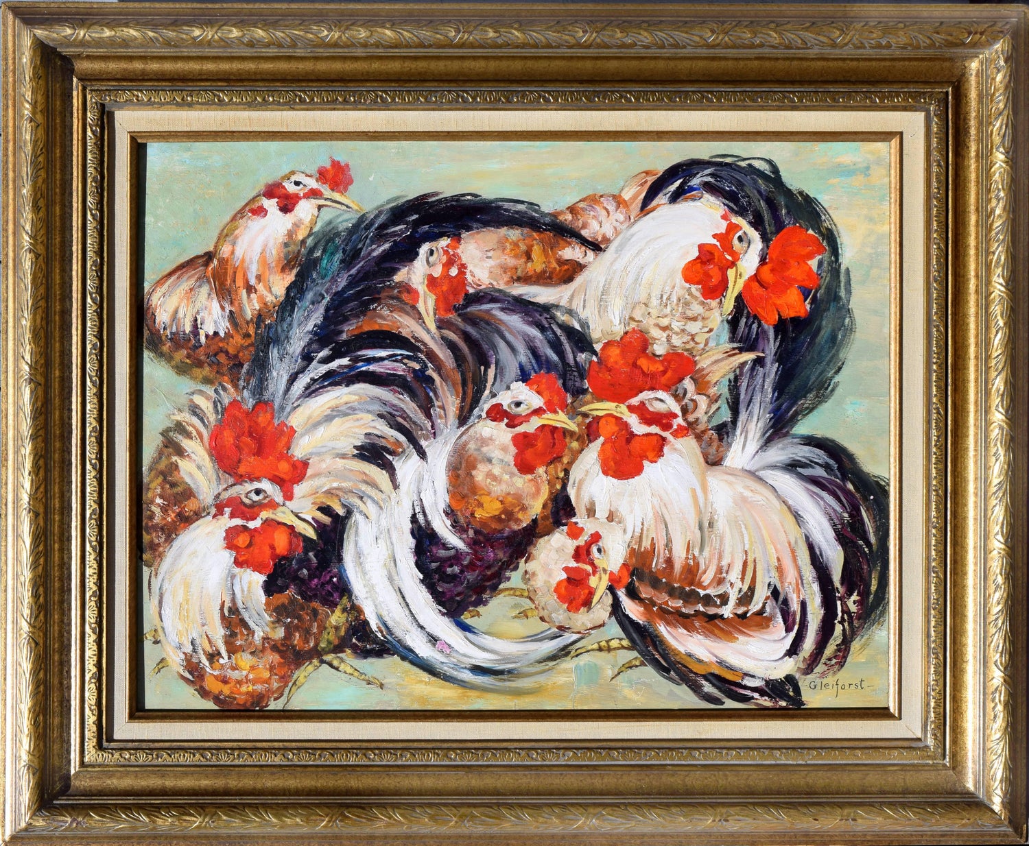 German Israeli Expressionist "Rooster" Batik Style Painting Print on Silk Fabric