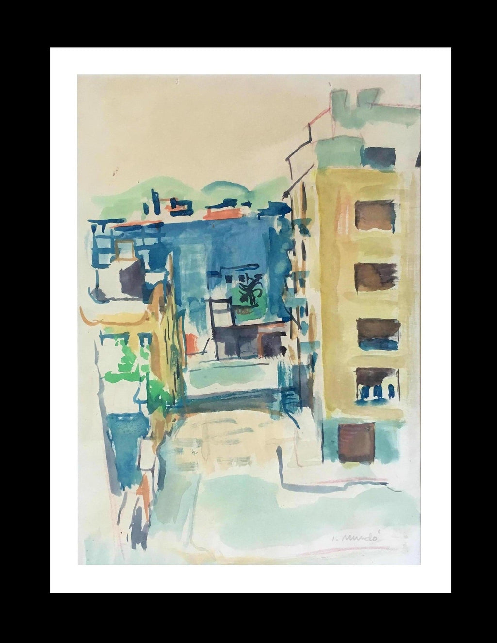 European Architectural Colonnaded Arcade Watercolor Painting