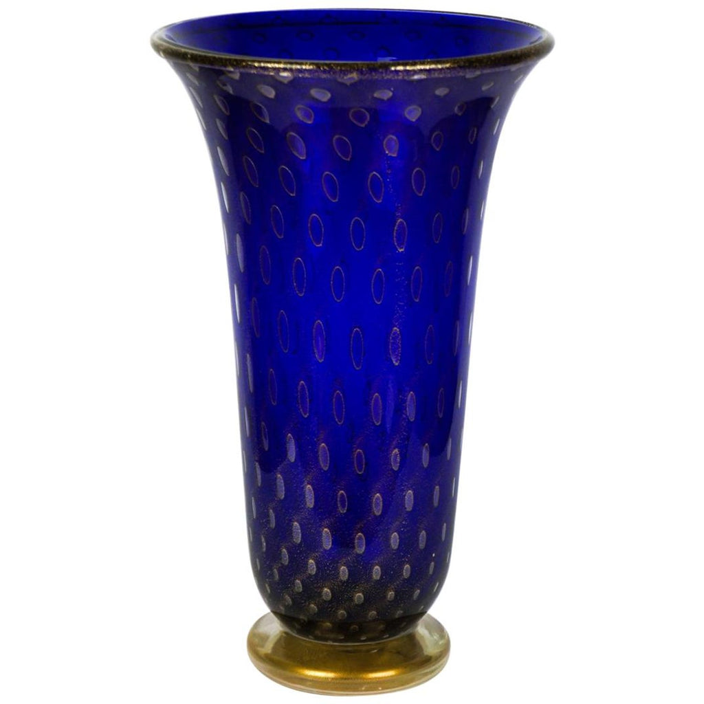 Seguso Murano Italian Art Glass Cobalt Gold Aventurine Footed Vase Sculpture