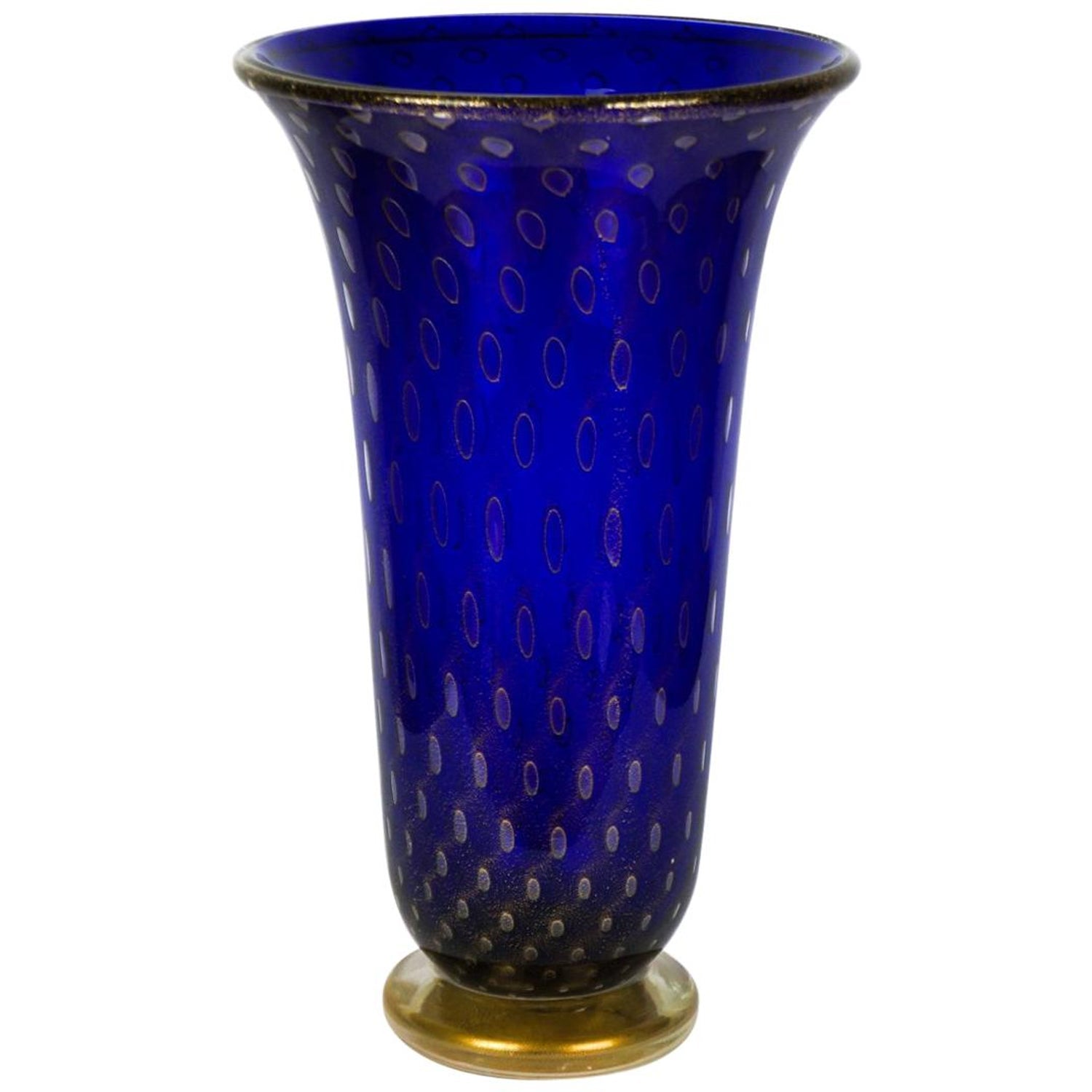 Seguso Murano Italian Art Glass Cobalt Gold Aventurine Footed Vase Sculpture