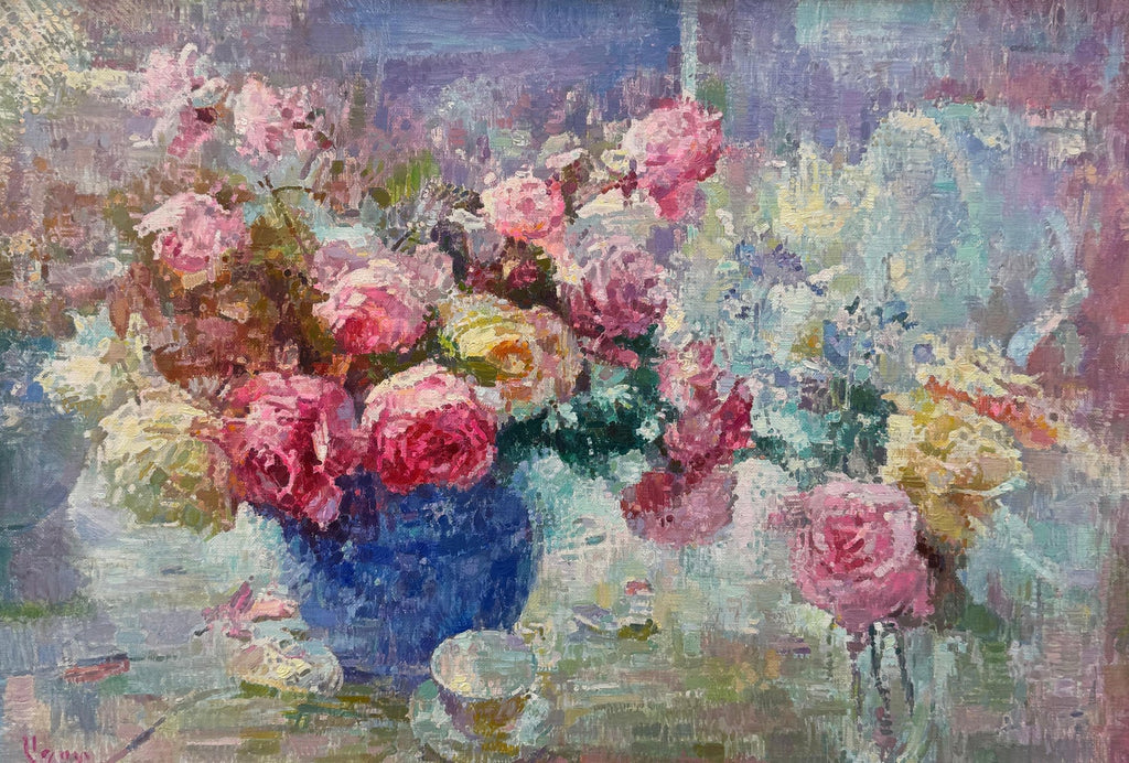 Large Post Impressionist Oil Painting Jean Chaleye, Rose Bouquet Findlay Gallery