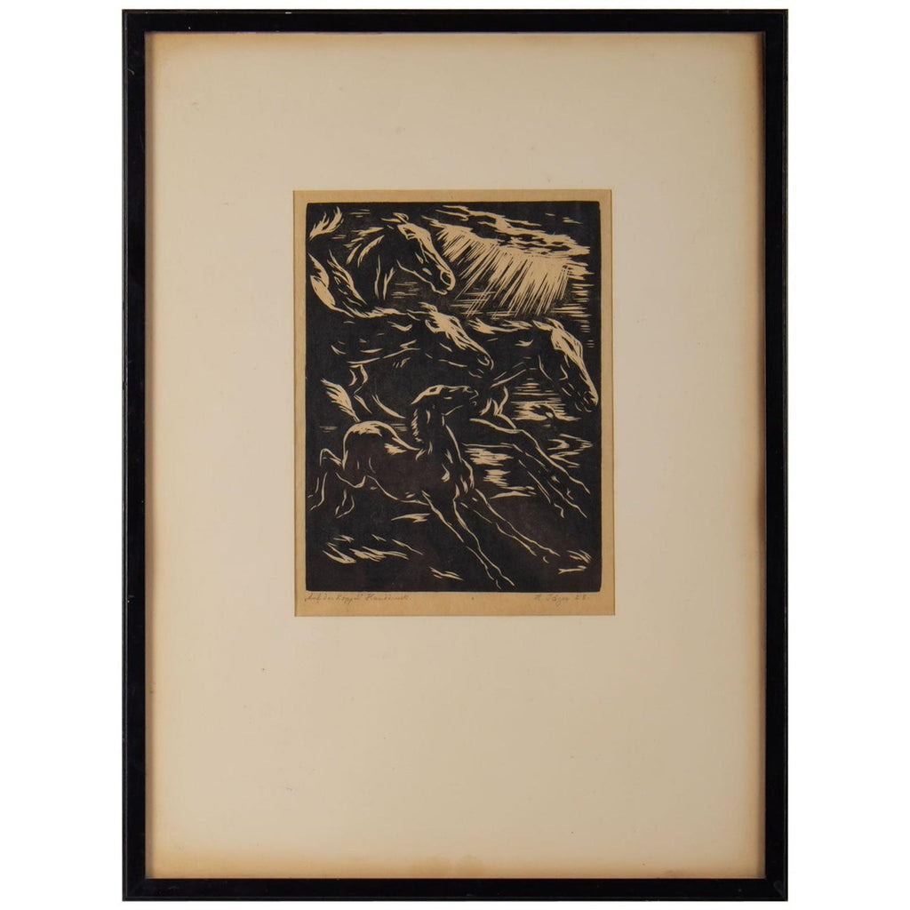 1916 German Expressionism Figurative Lithograph Man Two Horses Paul Kleinschmidt