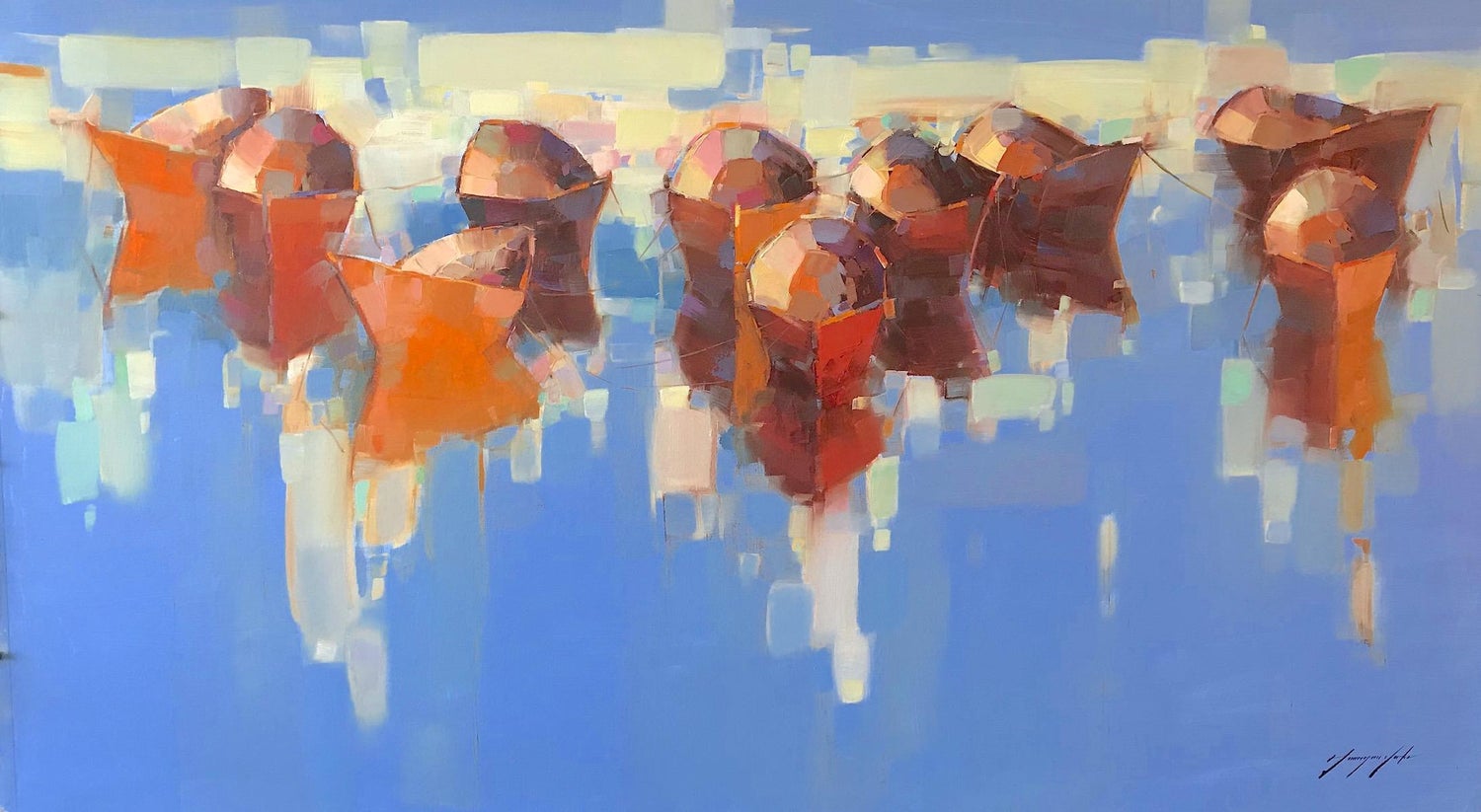 Surrealist Bulgarian French Israeli Riviera Scene Boats Oil Painting