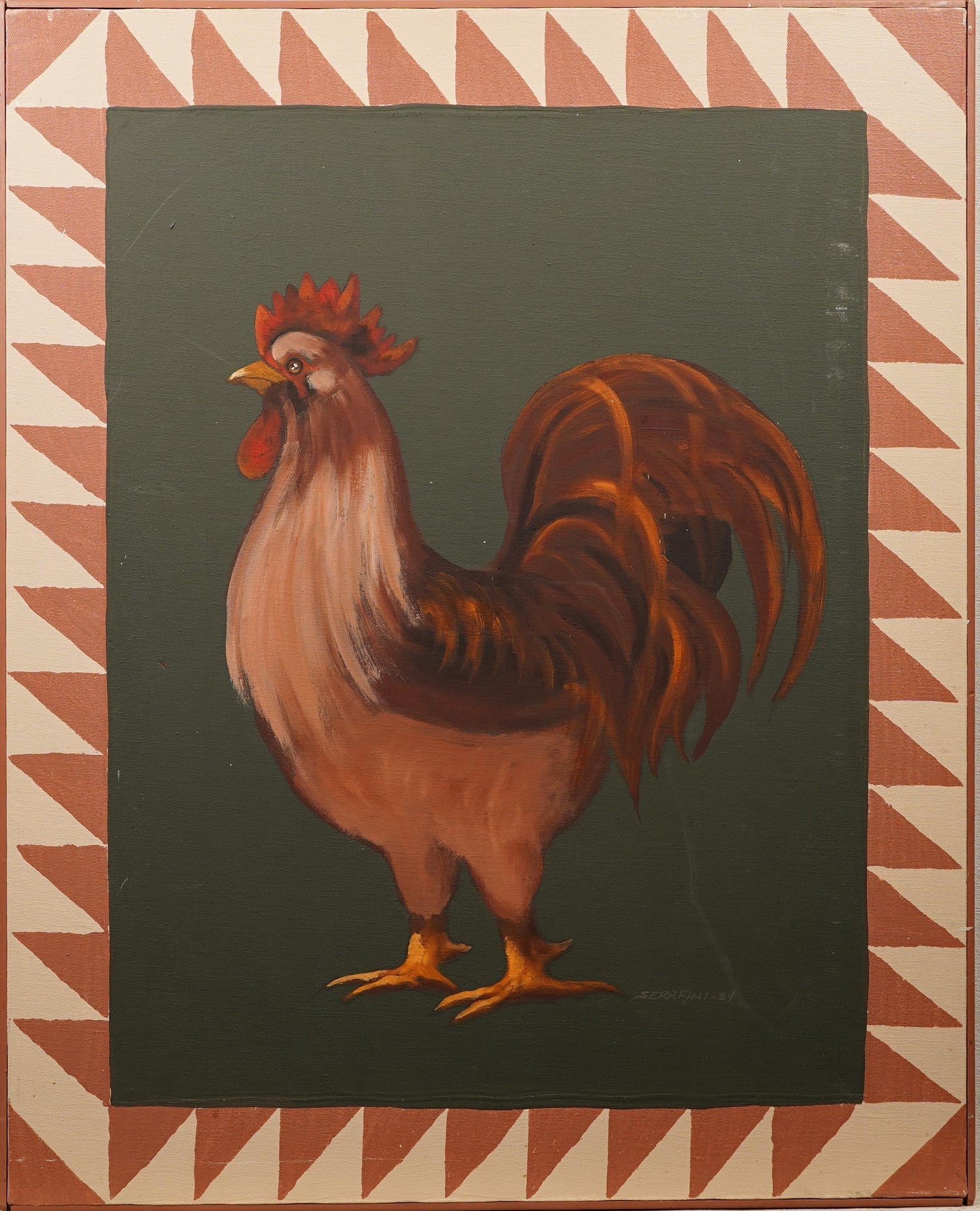 German Israeli Expressionist "Rooster" Batik Style Painting Print on Silk Fabric