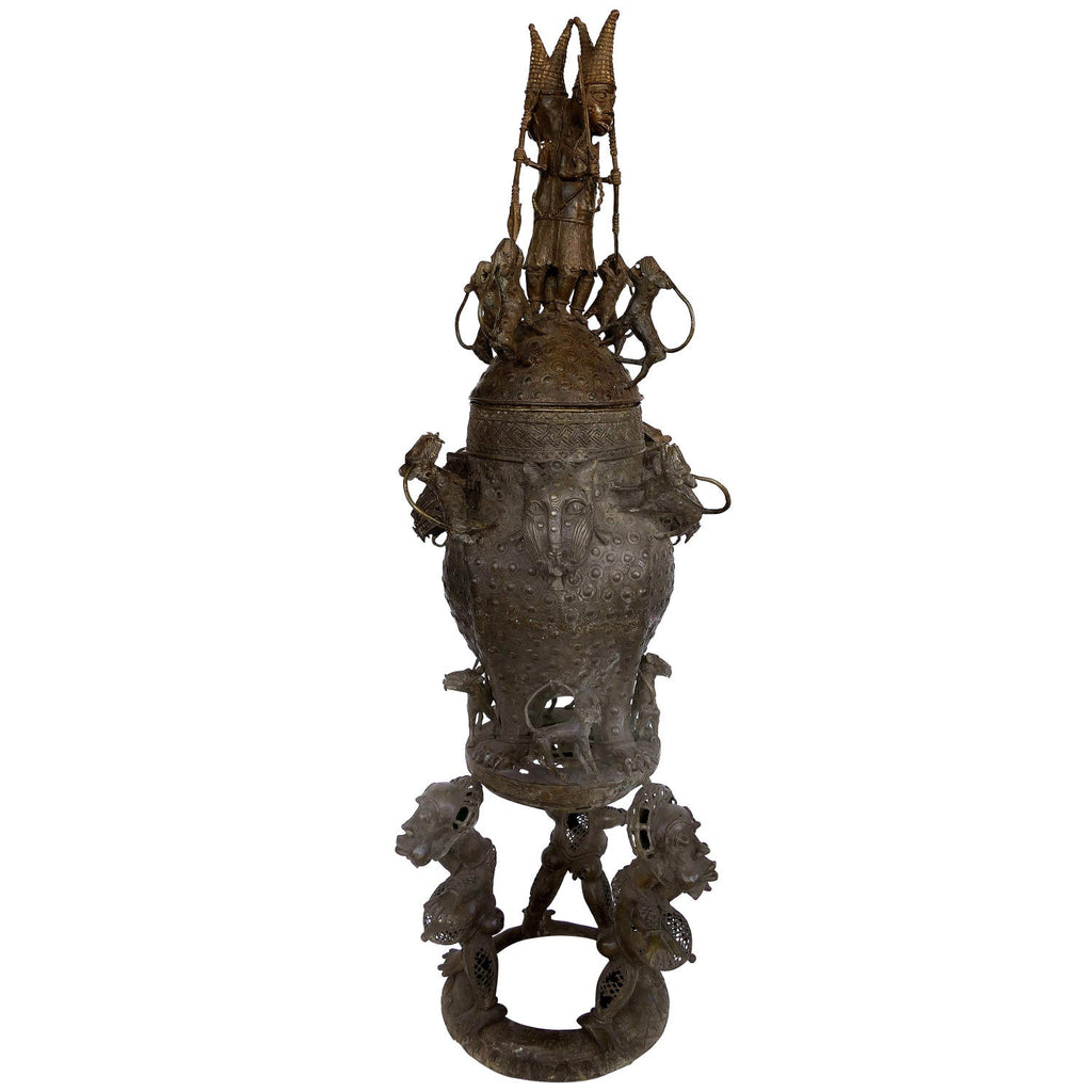 Rare African Solid Benin Bronze Ceremonial Throne Chair Multi Figure Sculpture