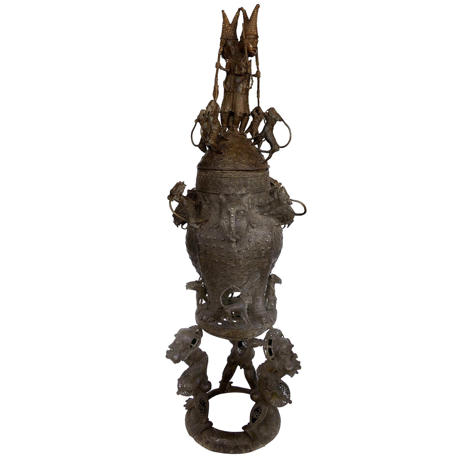 Rare African Solid Benin Bronze Ceremonial Throne Chair Multi Figure Sculpture