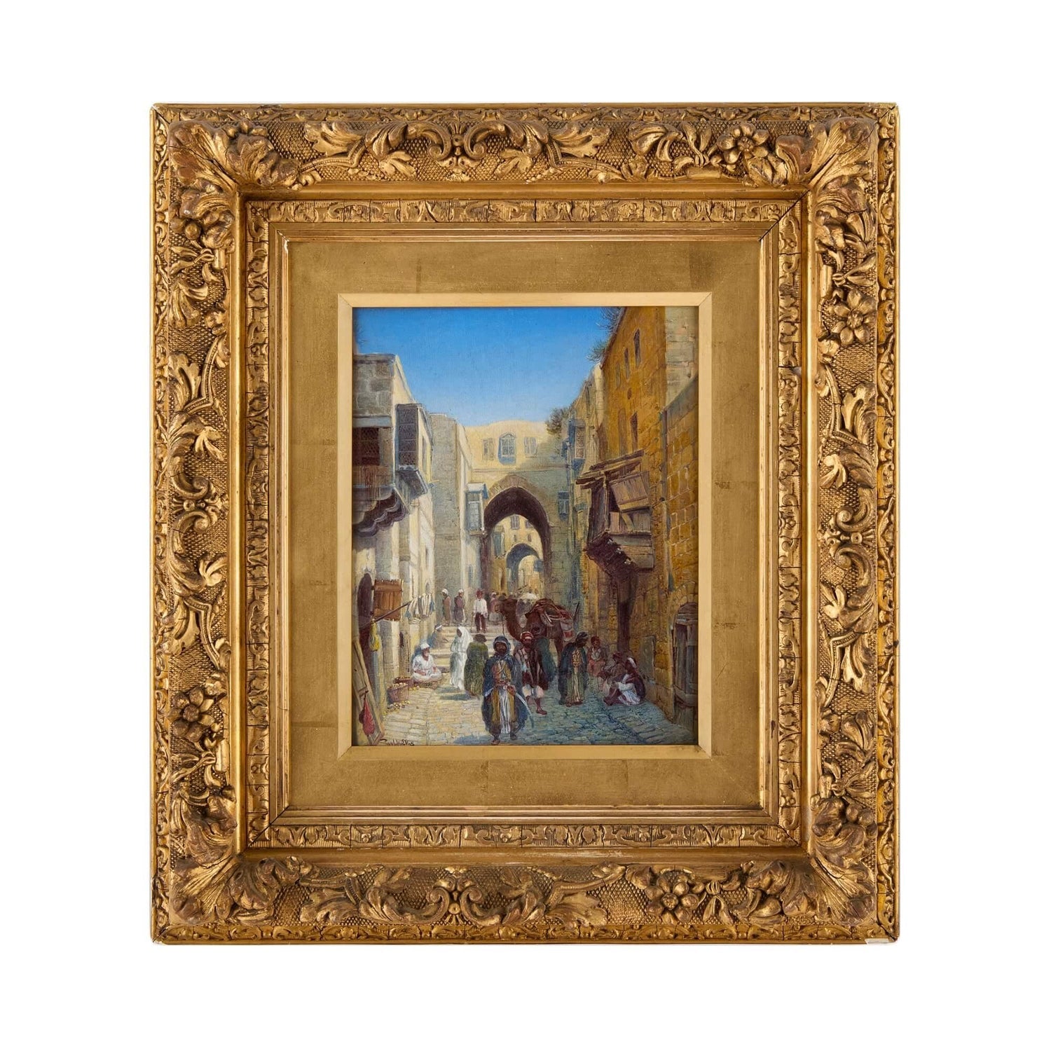 Large Orientalist Arab Oil Painting Merchants at the Bazaar Souq Jalal Gharbi