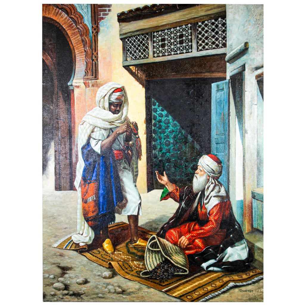 Large Orientalist Arab Oil Painting Merchants at the Bazaar Souq Jalal Gharbi