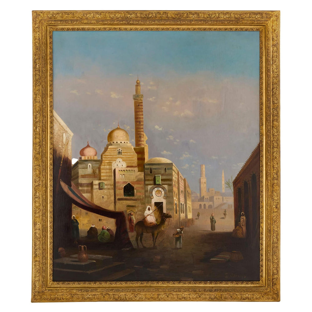 Large Orientalist Arab Oil Painting Merchants at the Bazaar Souq Jalal Gharbi
