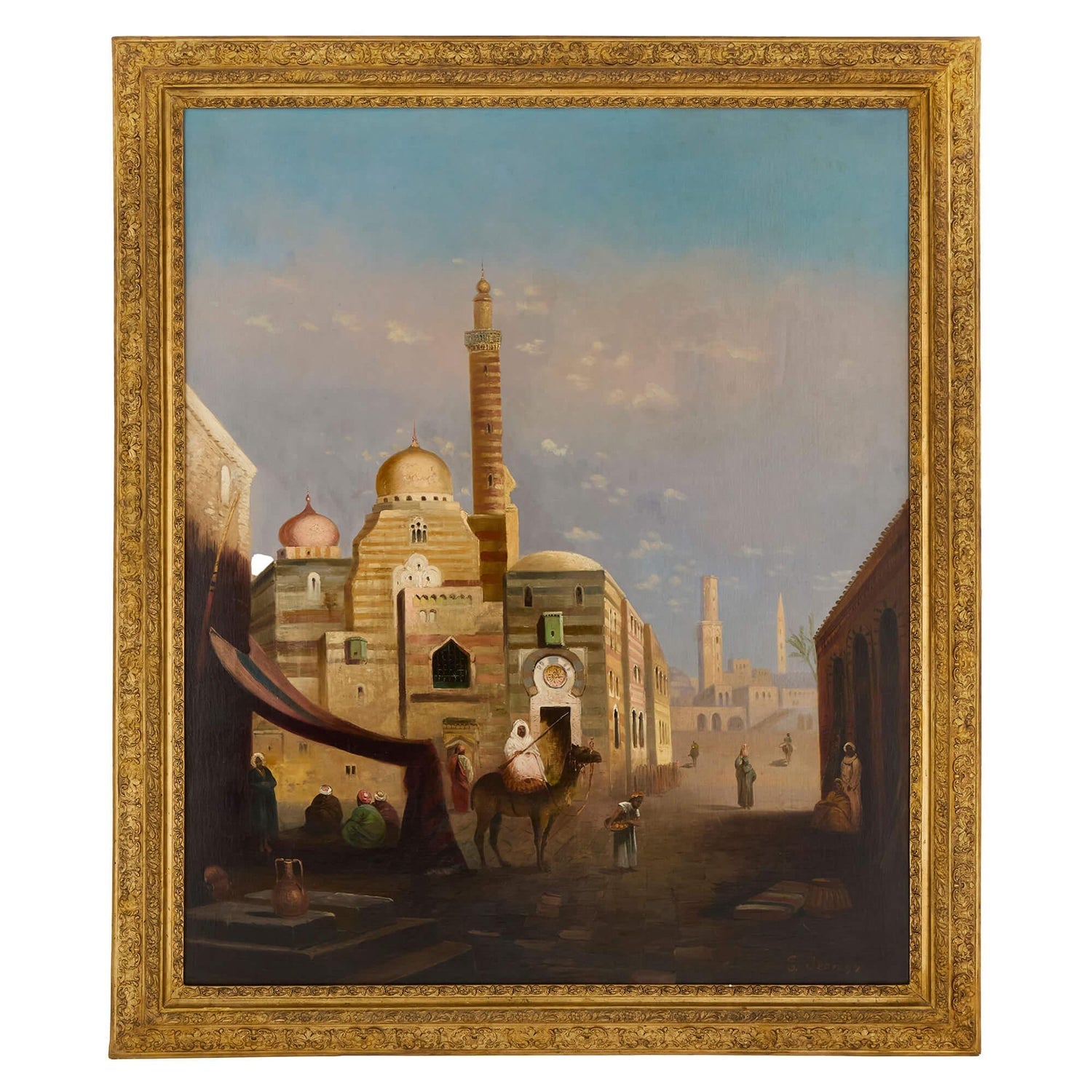 Large Orientalist Arab Oil Painting Merchants at the Bazaar Souq Jalal Gharbi