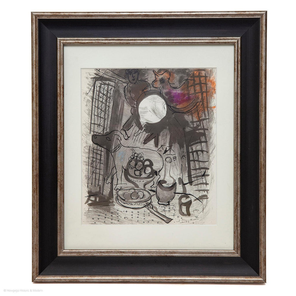 Spanish Catalan Surrealist Lithograph Portrait Girl with Fruit Still Life