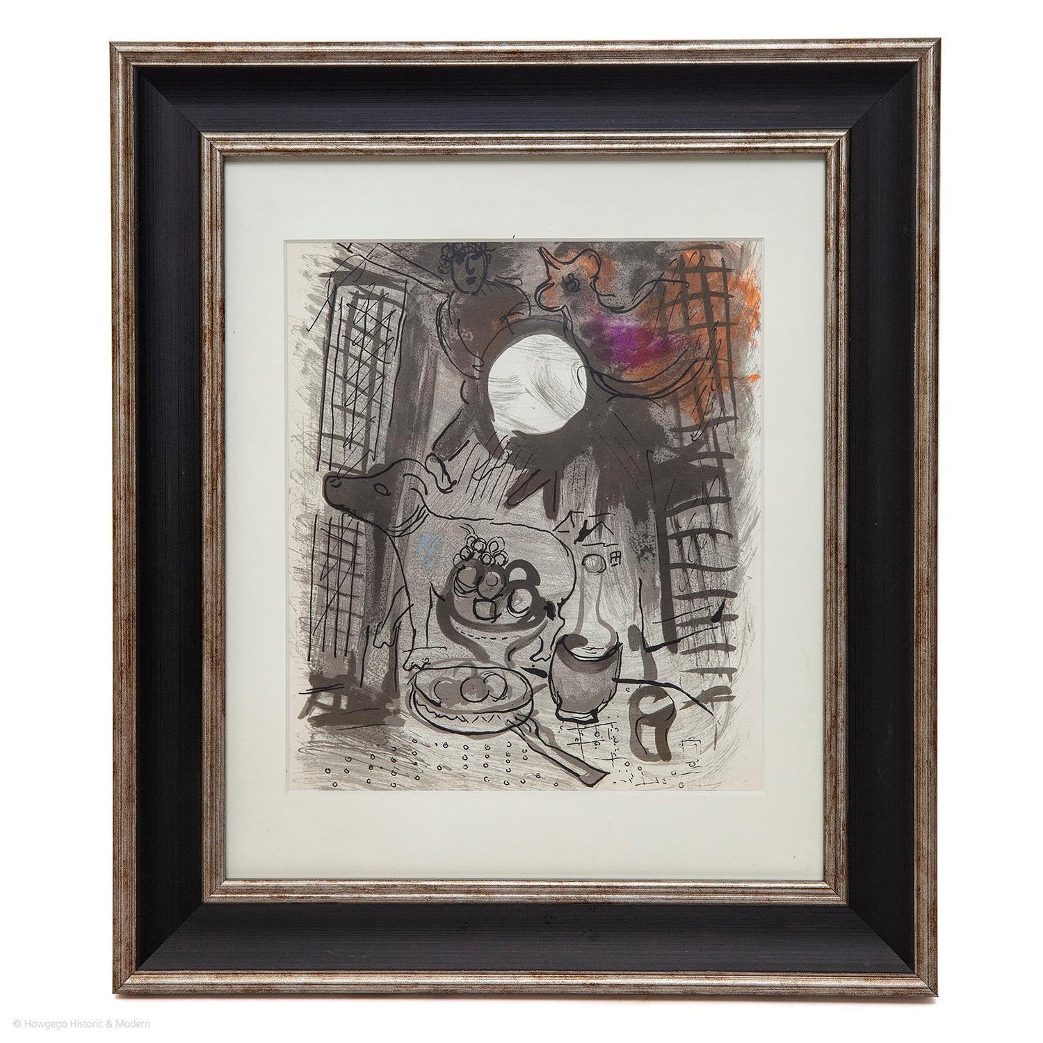 Spanish Catalan Surrealist Lithograph Portrait Girl with Fruit Still Life