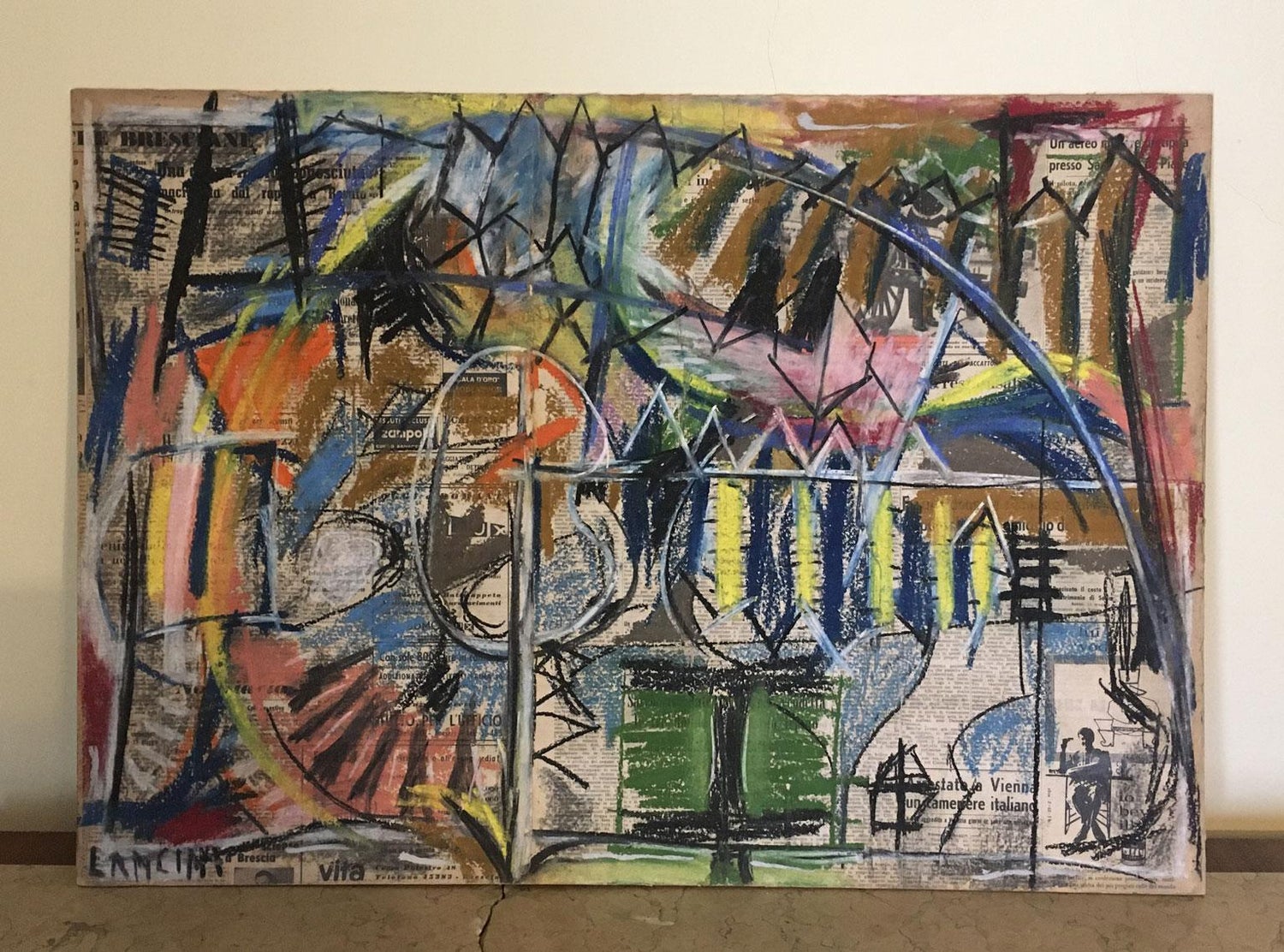 Italian Modernist Pop Art Oil Painting on Cement Mixed Media Paolo Valle, Venice