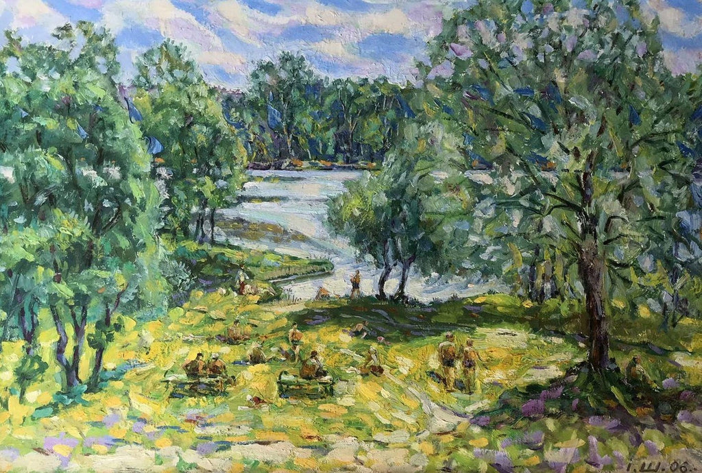 Large Abstract Beach Scene Oil Painting Woman with Children Raoul Middleman
