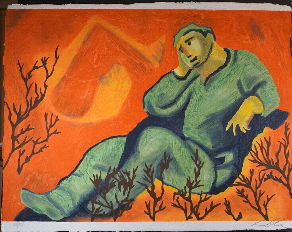 Large lithograph Italian Post Modernist Bright Figurative Pop Art Figure w Dog