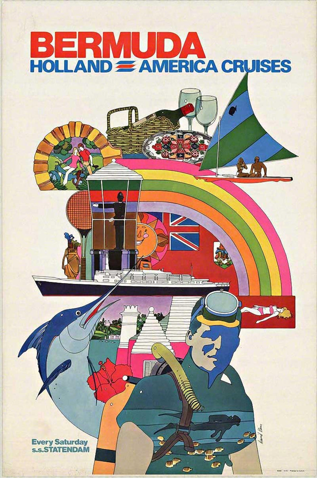 Malcolm Morley 1969 Vintage British Pop Art Screenprint Lithograph Marine w Flag