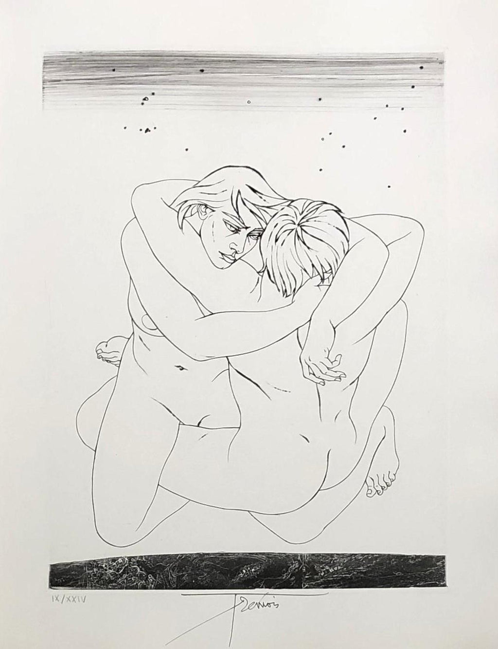 Al Quattro Large Surrealist Modernist Lithograph Embracing Couple