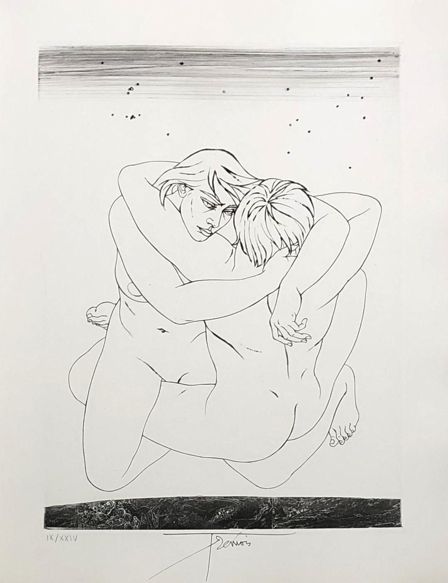 Al Quattro Large Surrealist Modernist Lithograph Embracing Couple