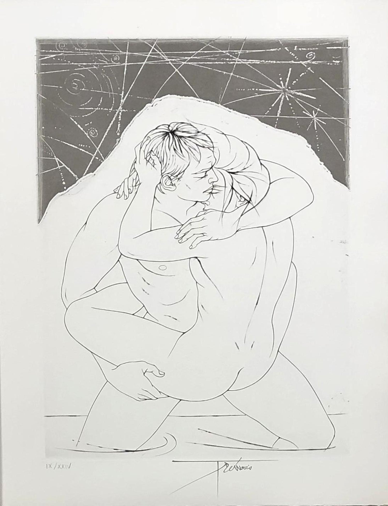 Al Quattro Large Surrealist Modernist Lithograph Embracing Couple