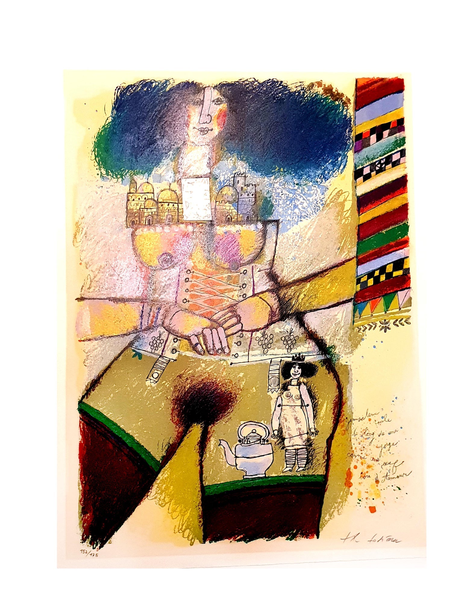 Israeli Abstract Figure, Hookah Pipe Smoker, Torn Paper Collage Painting Bezalel
