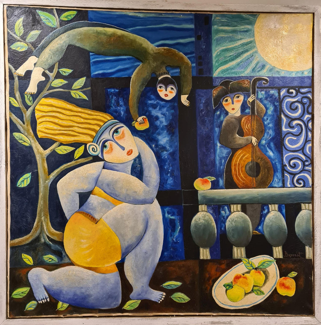 Large Latin American Modernist Oil Paintng Women with Fruit