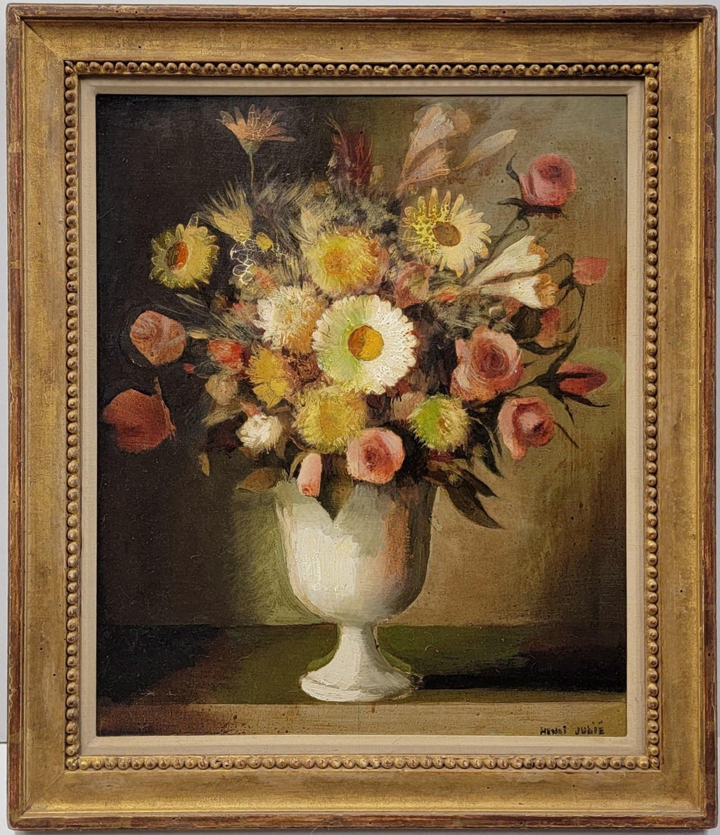 Czech American Floral Oil Painting Jan De Ruth Vibrant Modernist Flowers in Vase