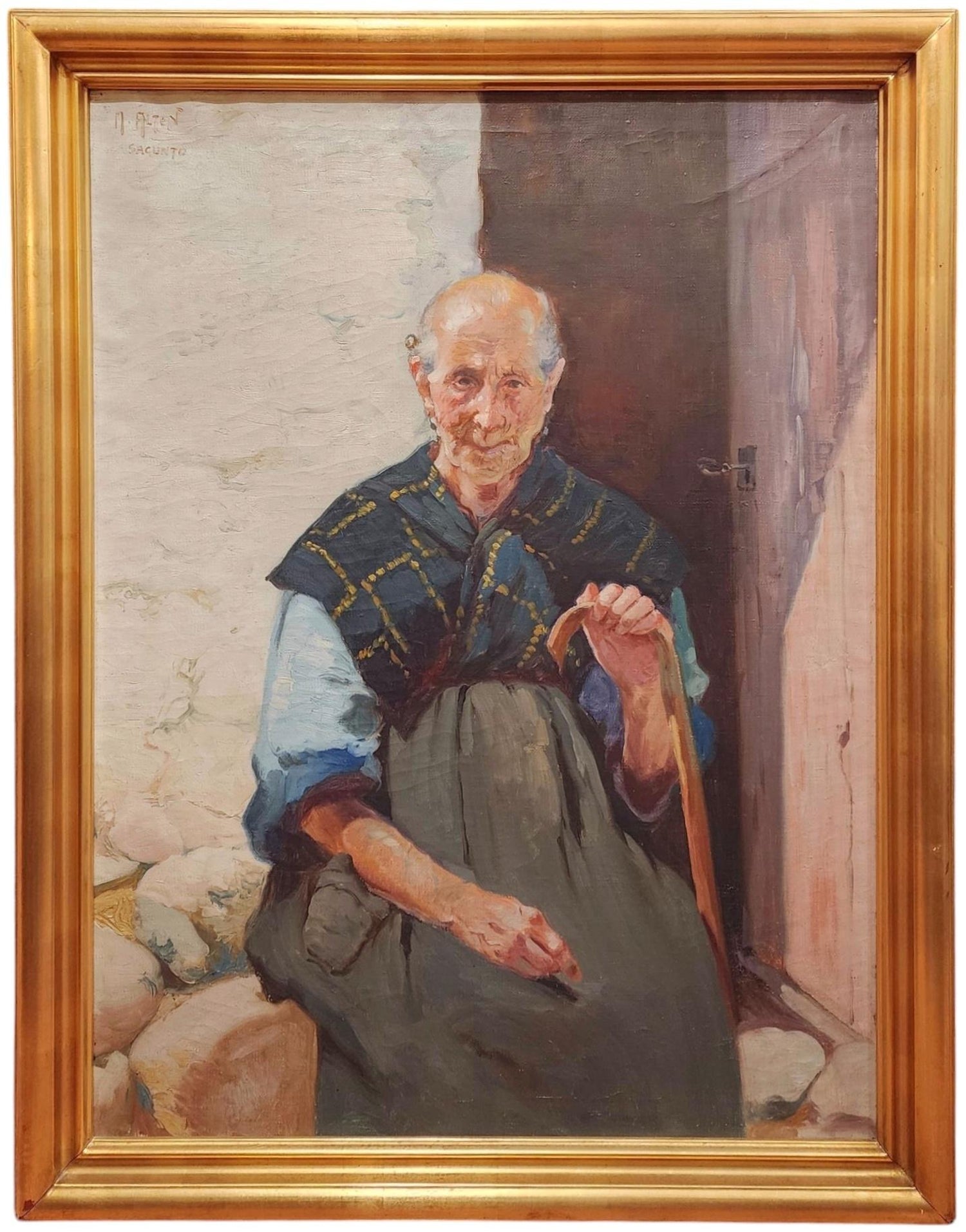 Israeli Judaica Old Jewish Woman Sewing Expressionist Oil Painting