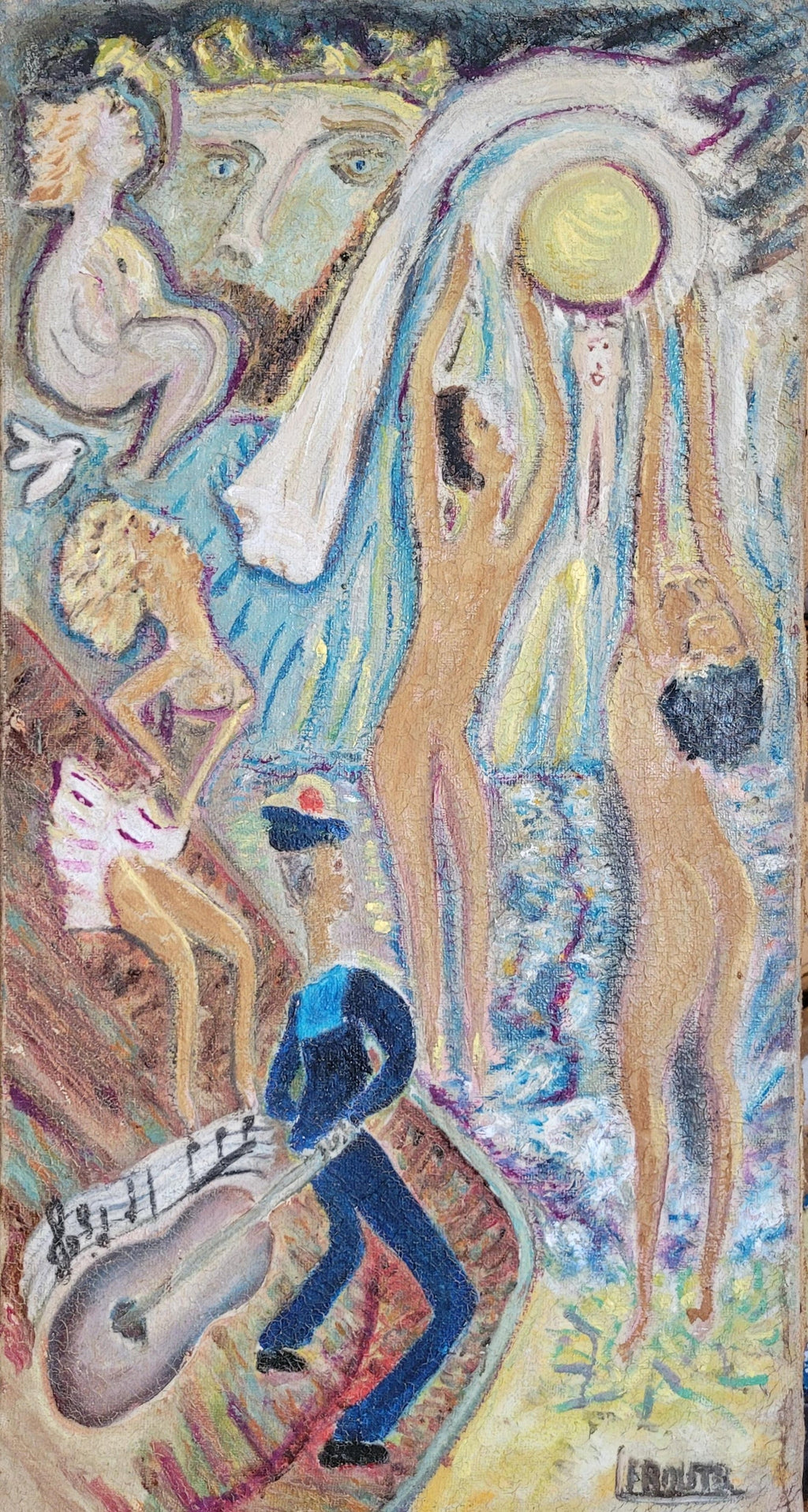 Surrealist Bulgarian French Israeli Riviera Scene Boats Oil Painting