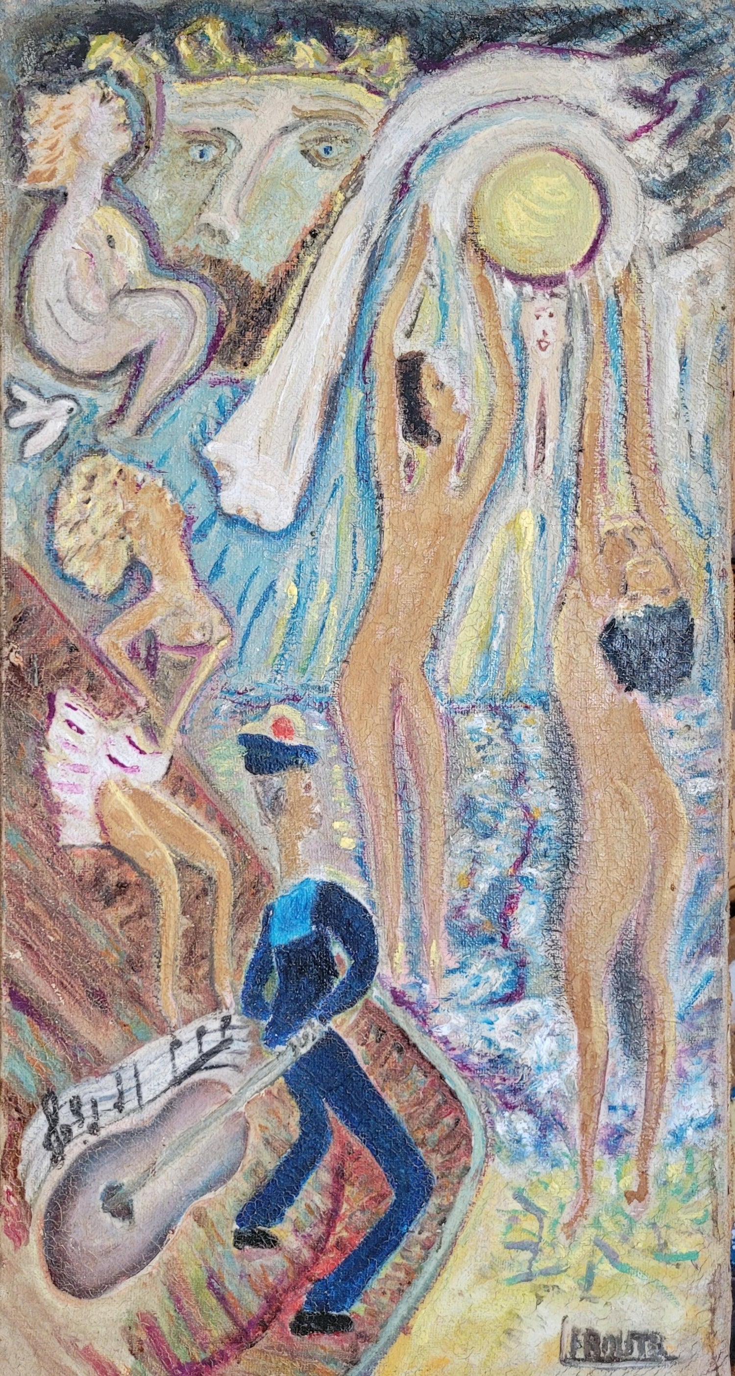 Surrealist Bulgarian French Israeli Riviera Scene Boats Oil Painting