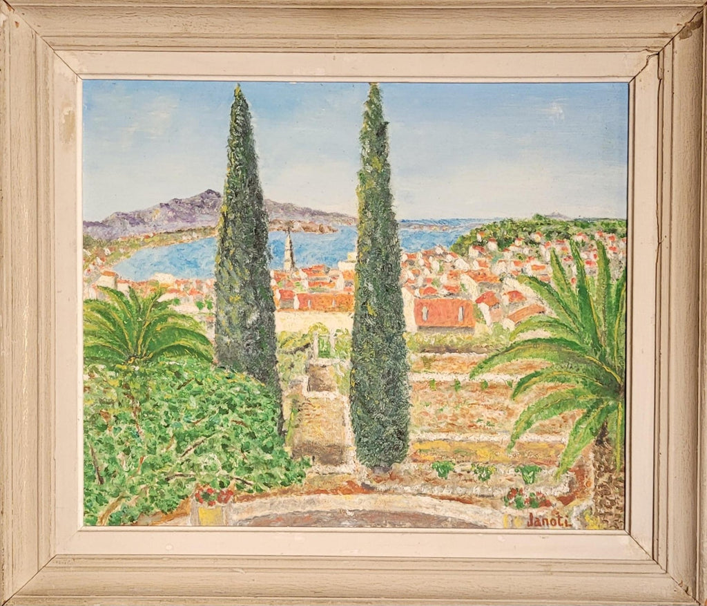 Whimsical Naive Mediterranean Seaside Interior Folk Art Oil Painting Fanch Ledan