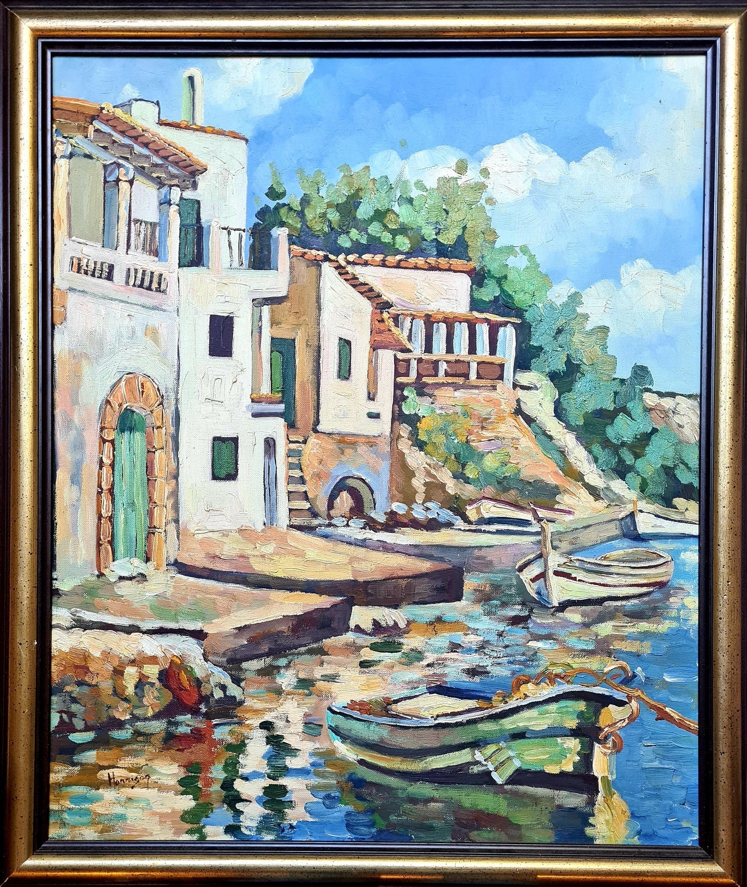 Mid Century Modernist Israeli 'Sabra in Haifa' Landscape Harbor Oil Painting