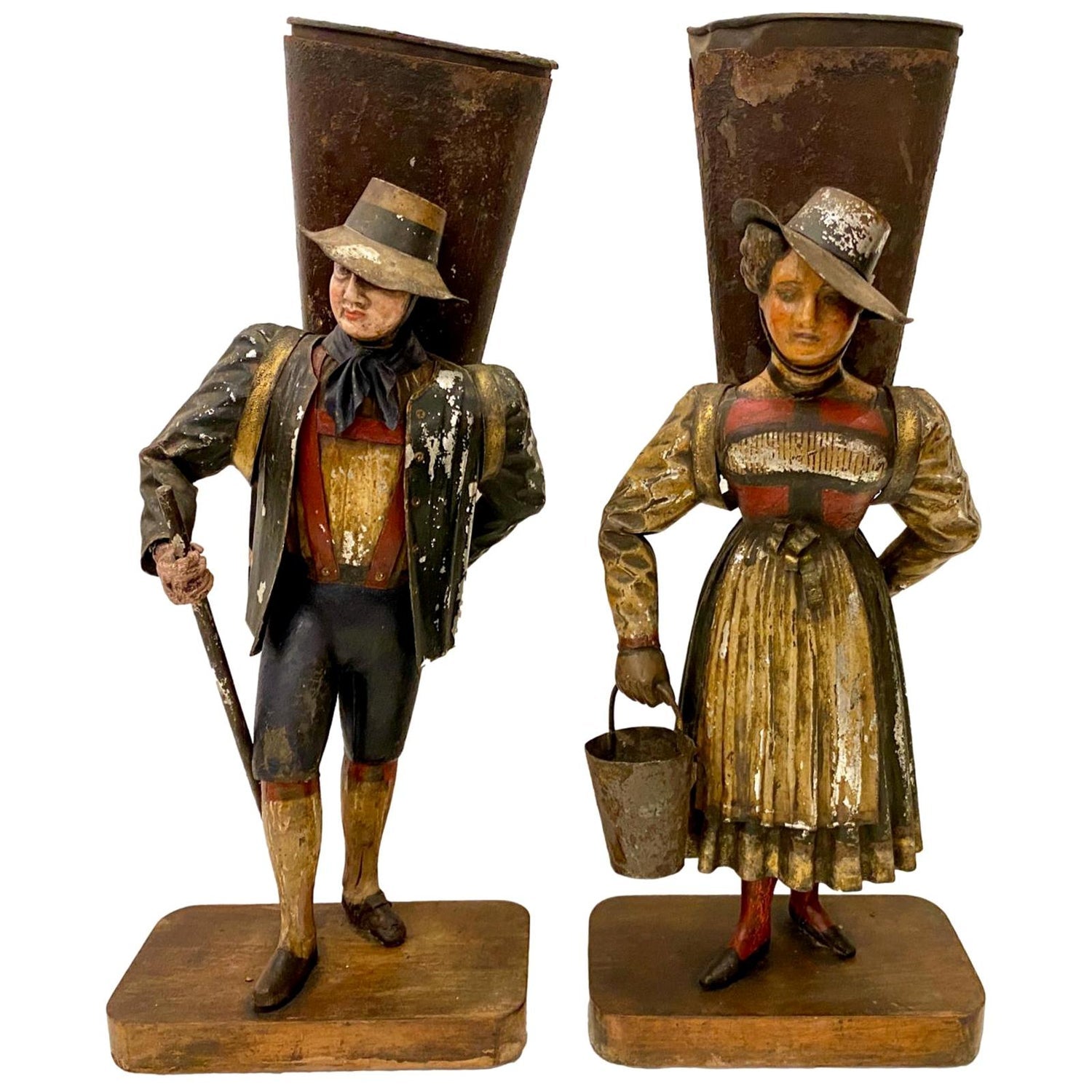 Hand Carved Painted Wood Folk Art Americana Sculpture Pair American Gothic