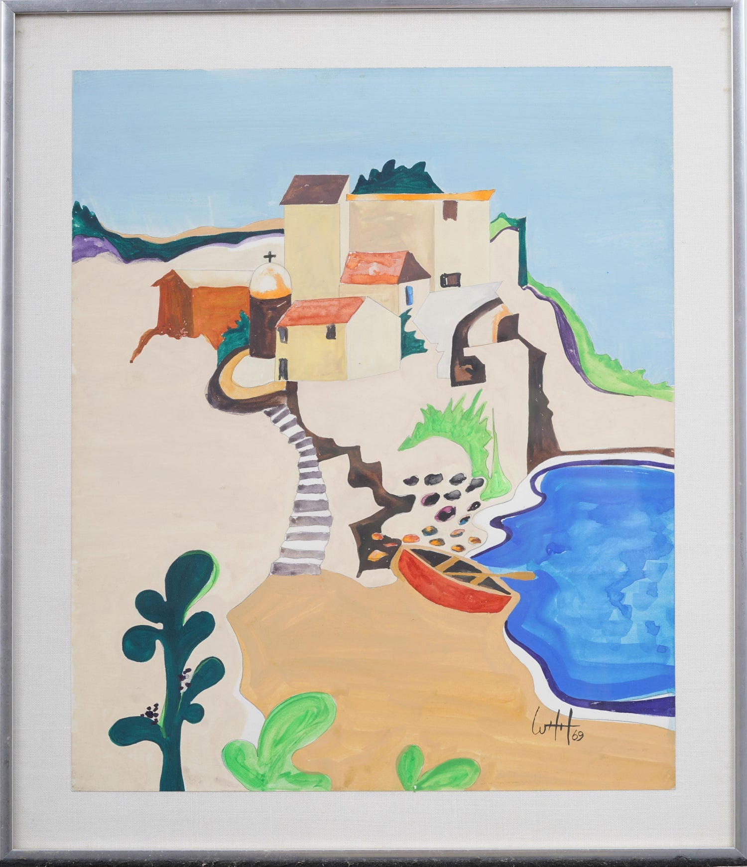 Whimsical Naive Mediterranean Seaside Interior Folk Art Oil Painting Fanch Ledan