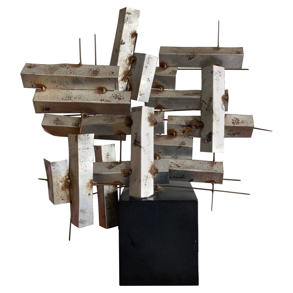 1970s French Brutalist Welded Steel and Raw Mineral Specimen Sculpture Signed