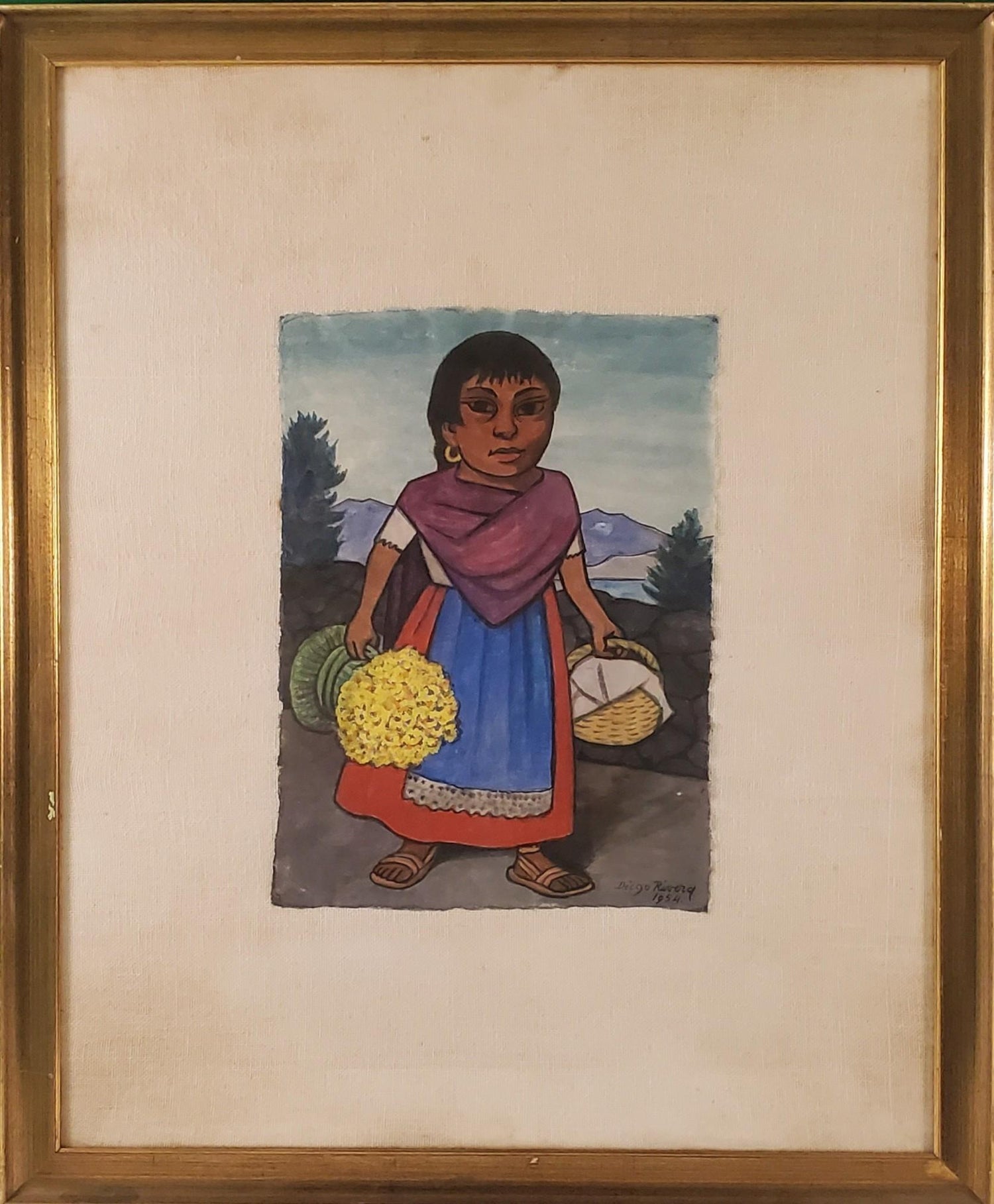Folk Art Mexican Girl with Watermelon Oil Painting on Burlap