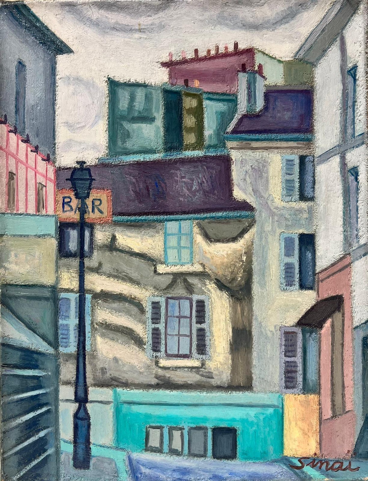 Charles Chartier 1951 French Cubist Modernist Oil Painting Surreal Paris Village