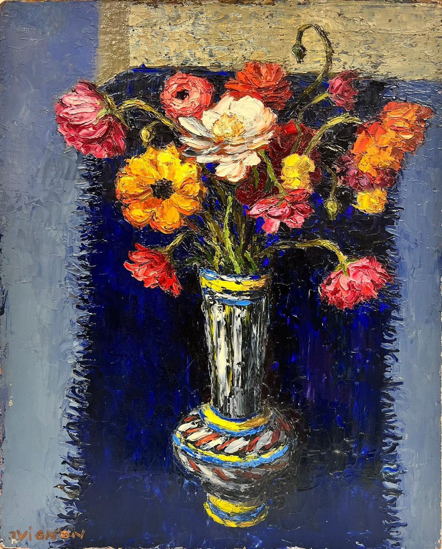 Soucis au Petit Pot Bleu, Floral Oil Painting Marigold Flower Bouquet in Vase