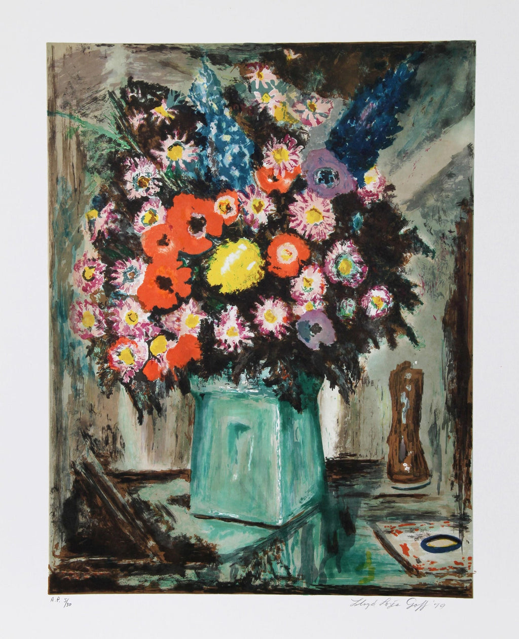 Offset Lithograph Modernist Print of Bold Vibrant Flowers, Plate Signed