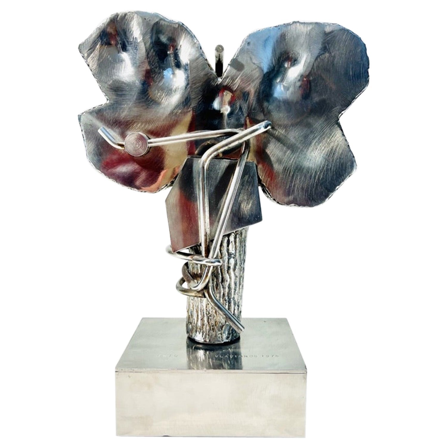 1970s French Brutalist Welded Steel and Raw Mineral Specimen Sculpture Signed